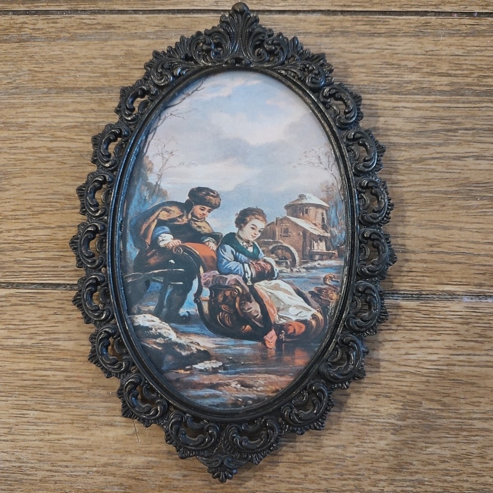 Vintage Action Brass Antique Photo Italy Metal Scroll Cottage Core Boy Girl Snow